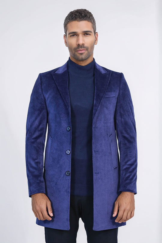 Dark Blue Slim Fit Peak Lapel Overcoat – Wessi