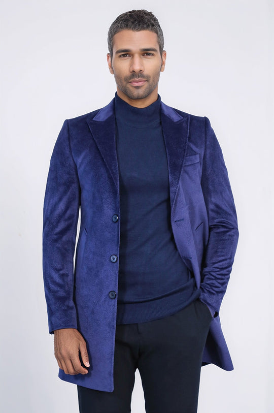 Dark Blue Slim Fit Peak Lapel Overcoat – Wessi
