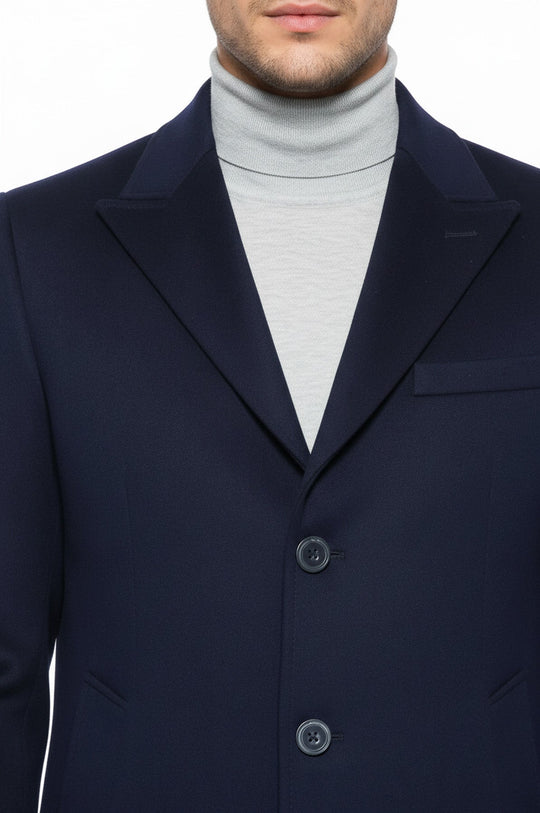 Navy Blue Slim Fit Wide Pointed Collar Long Coat – Wessi