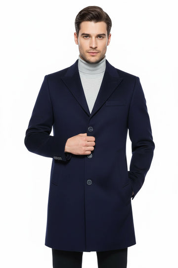 Navy Blue Slim Fit Wide Pointed Collar Long Coat – Wessi