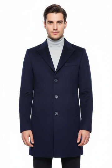 Navy Blue Slim Fit Wide Pointed Collar Long Coat – Wessi