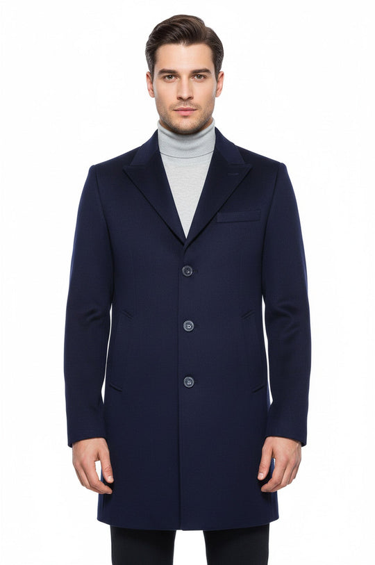 Navy Blue Slim Fit Wide Pointed Collar Long Coat – Wessi