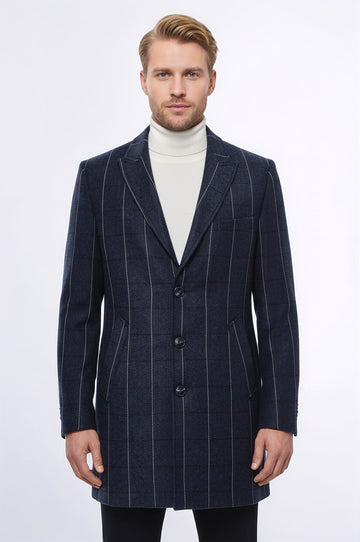 Navy Blue Plaid Slim Fit Wide Peak Lapel Overcoat – Wessi