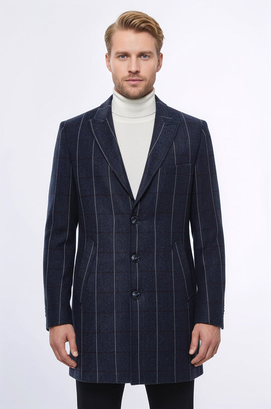 Navy Blue Plaid Slim Fit Wide Peak Lapel Overcoat – Wessi