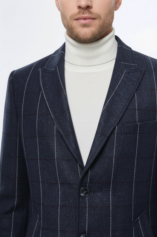 Navy Blue Plaid Slim Fit Wide Peak Lapel Overcoat – Wessi