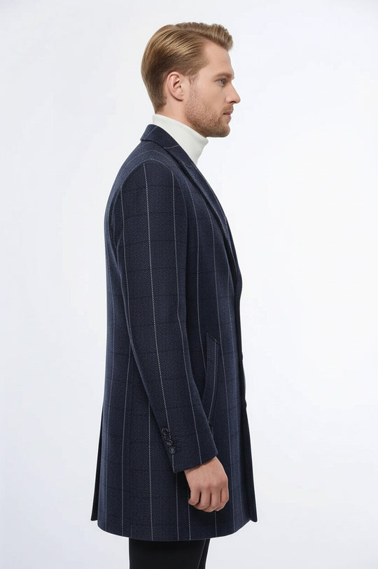 Navy Blue Plaid Slim Fit Wide Peak Lapel Overcoat – Wessi