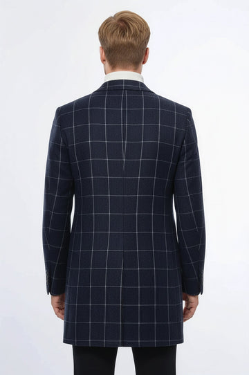 Navy Blue Plaid Slim Fit Wide Peak Lapel Overcoat – Wessi