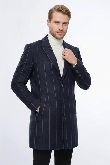 Navy Blue Plaid Slim Fit Wide Peak Lapel Overcoat – Wessi
