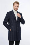 Navy Blue Plaid Slim Fit Wide Peak Lapel Overcoat – Wessi