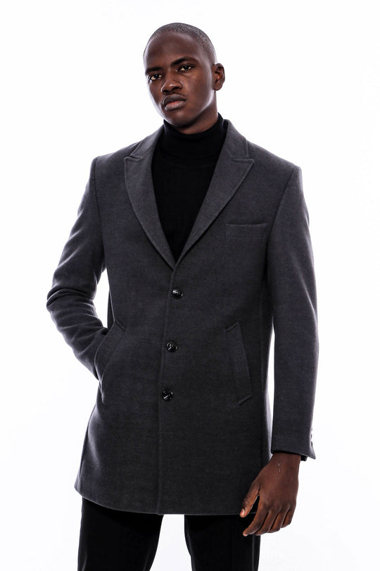 Grey Slim Fit Wide Peak Lapel Long Coat | Wessi
