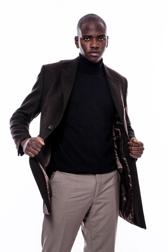 Brown Slim Fit Wide Pointed Collar Long Coat – Wessi