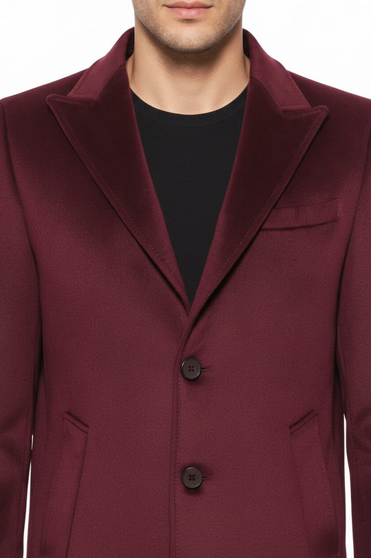 Burgundy Slim Fit Peak Wide Lapel Long Coat – Wessi