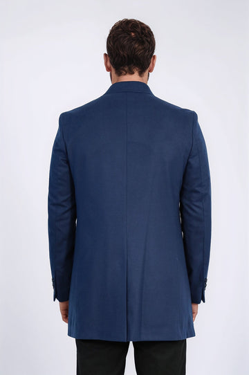Navy Blue Slim Fit Peak Wide Lapel Overcoat – Wessi