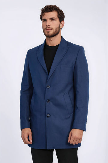 Navy Blue Slim Fit Peak Wide Lapel Overcoat – Wessi
