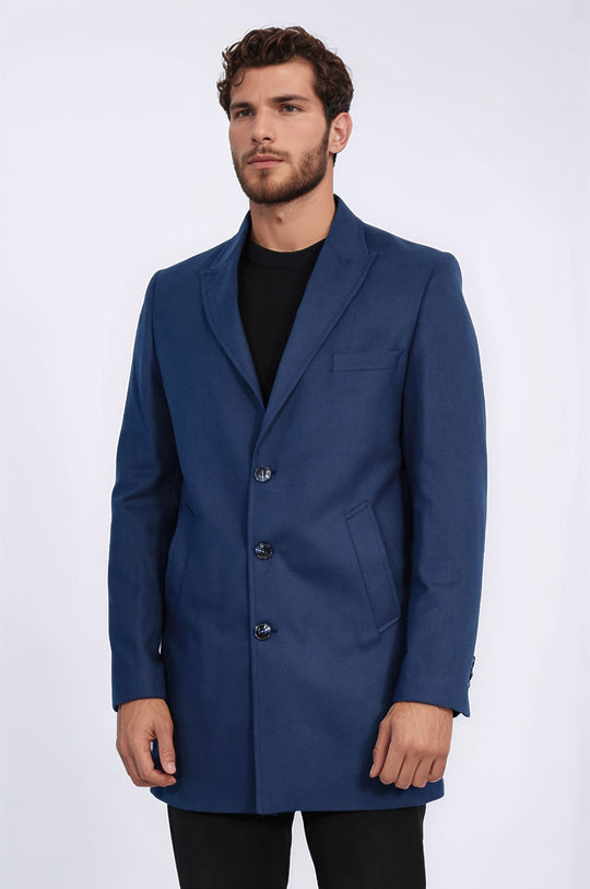Navy Blue Slim Fit Peak Wide Lapel Overcoat – Wessi
