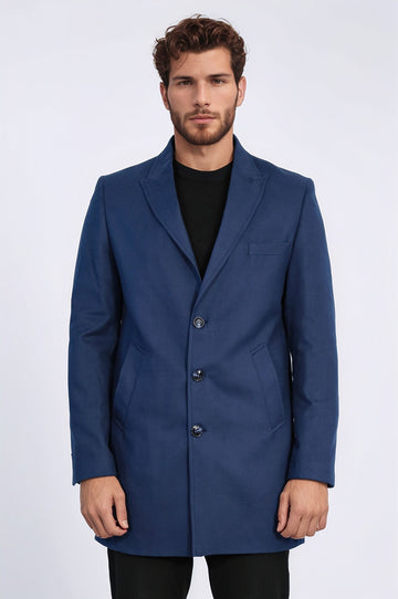 Navy Blue Slim Fit Peak Wide Lapel Overcoat – Wessi