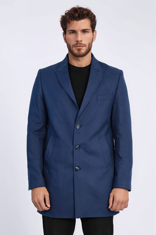 Navy Blue Slim Fit Peak Wide Lapel Overcoat – Wessi
