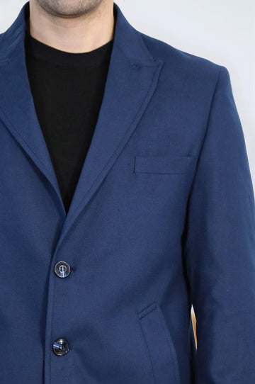 Navy Blue Slim Fit Peak Wide Lapel Overcoat – Wessi