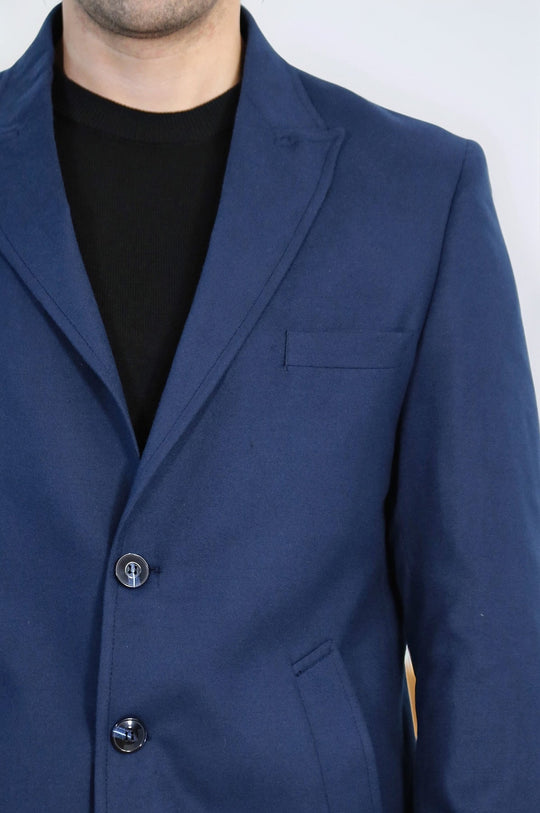Navy Blue Slim Fit Peak Wide Lapel Overcoat – Wessi