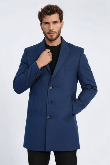 Navy Blue Slim Fit Peak Wide Lapel Overcoat – Wessi