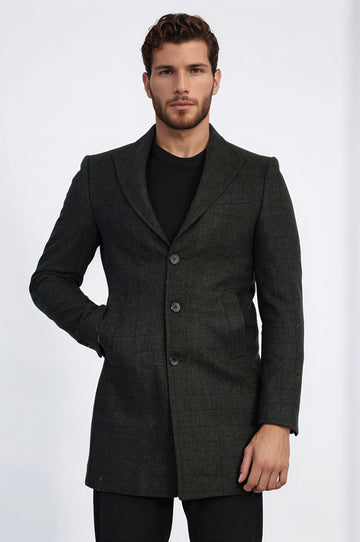 Anthracite Plaid Slim Fit Peak Lapel Overcoat – Wessi