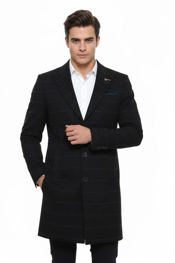 Black Plaid Slim Fit Wide Pointed Collar Long Coat – Wessi