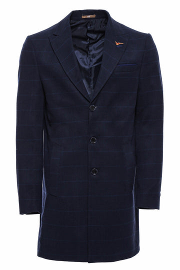 Navy Blue Tonal Plaid Slim Fit Wide Pointed Collar Coat – Wessi