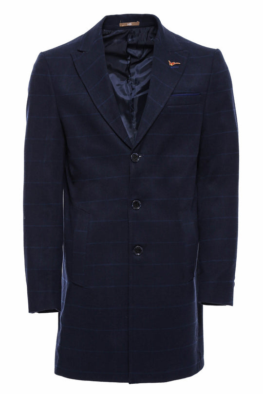 Navy Blue Tonal Plaid Slim Fit Wide Pointed Collar Coat – Wessi