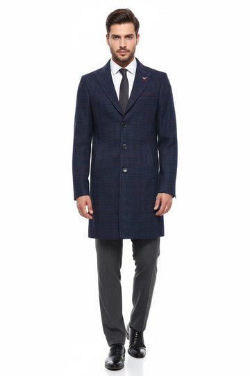 Navy Blue Plaid Slim Fit Wide Pointed Collar Long Coat – Wessi