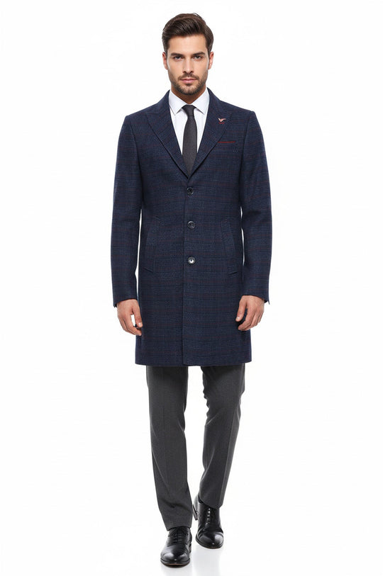 Navy Blue Plaid Slim Fit Wide Pointed Collar Long Coat – Wessi