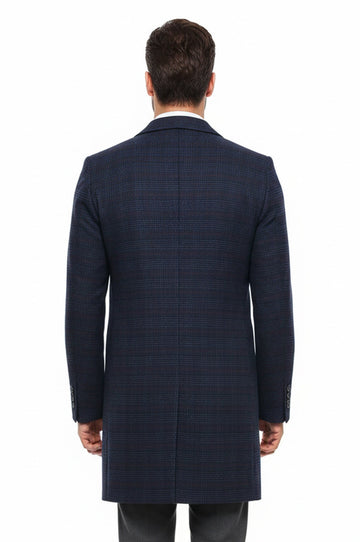 Navy Blue Plaid Slim Fit Wide Pointed Collar Long Coat – Wessi