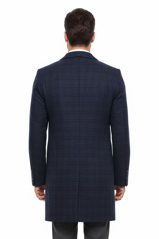 Navy Blue Plaid Slim Fit Wide Pointed Collar Long Coat – Wessi