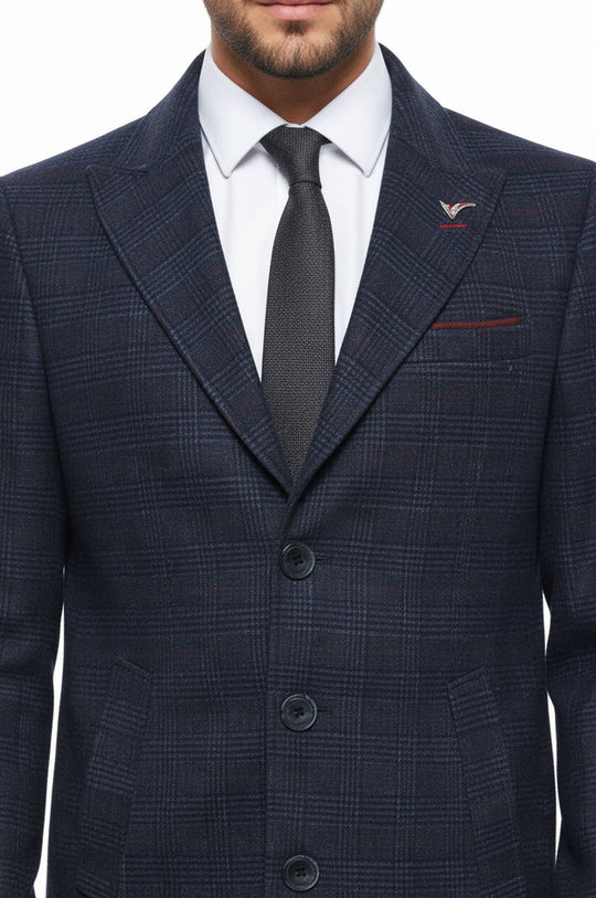 Navy Blue Plaid Slim Fit Wide Pointed Collar Long Coat – Wessi