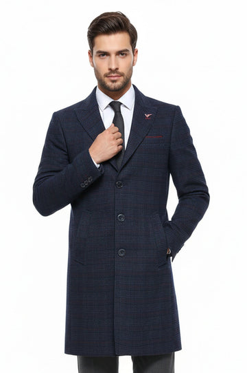 Navy Blue Plaid Slim Fit Wide Pointed Collar Long Coat – Wessi