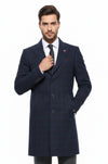 Navy Blue Plaid Slim Fit Wide Pointed Collar Long Coat – Wessi