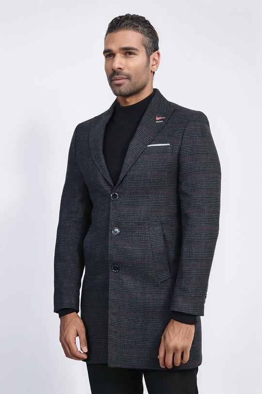 Anthracite Plaid Slim Fit Wide Pointed Collar Long Coat – Wessi