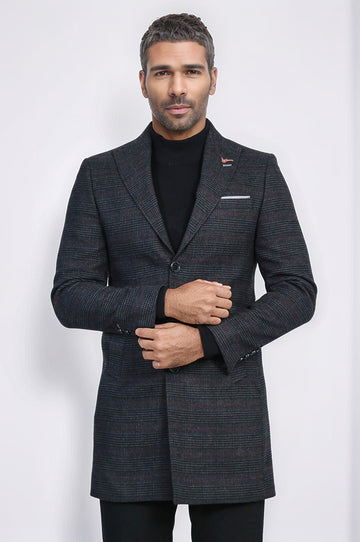 Anthracite Plaid Slim Fit Wide Pointed Collar Long Coat – Wessi