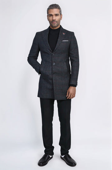 Anthracite Plaid Slim Fit Wide Pointed Collar Long Coat – Wessi