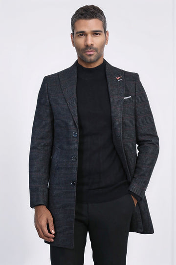 Anthracite Plaid Slim Fit Wide Pointed Collar Long Coat – Wessi