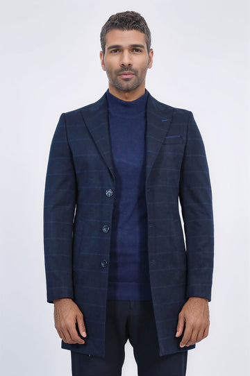 Navy Blue Tonal Plaid Slim Fit Wide Pointed Collar Coat – Wessi