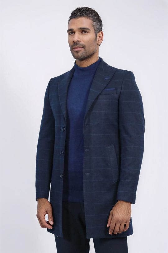 Navy Blue Tonal Plaid Slim Fit Wide Pointed Collar Coat – Wessi