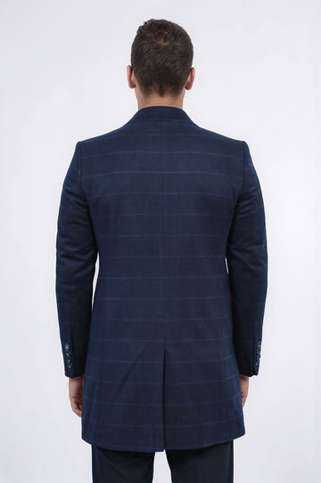 Navy Blue Tonal Plaid Slim Fit Wide Pointed Collar Coat – Wessi