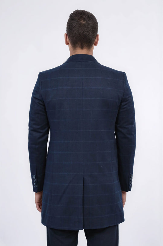 Navy Blue Tonal Plaid Slim Fit Wide Pointed Collar Coat – Wessi