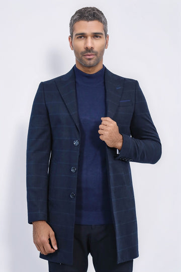 Navy Blue Tonal Plaid Slim Fit Wide Pointed Collar Coat – Wessi