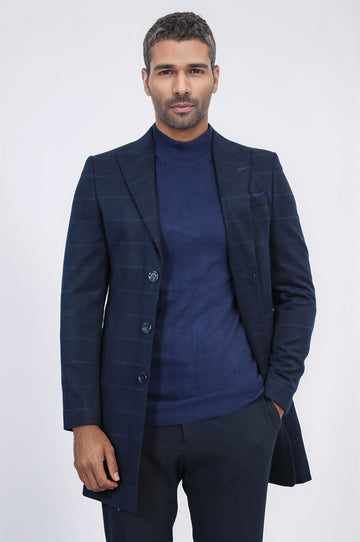 Navy Blue Tonal Plaid Slim Fit Wide Pointed Collar Coat – Wessi