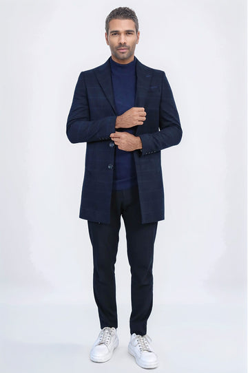 Navy Blue Tonal Plaid Slim Fit Wide Pointed Collar Coat – Wessi
