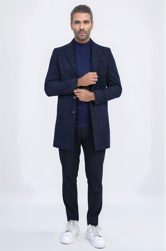 Navy Blue Tonal Plaid Slim Fit Wide Pointed Collar Coat – Wessi