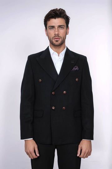 Men’s Midnight Black Double-Breasted Slim Fit Peak Lapel Blazer