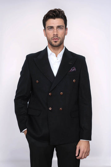 Men’s Midnight Black Double-Breasted Slim Fit Peak Lapel Blazer