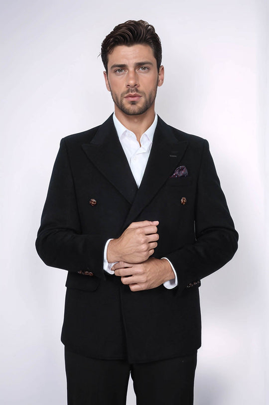 Men’s Midnight Black Double-Breasted Slim Fit Peak Lapel Blazer